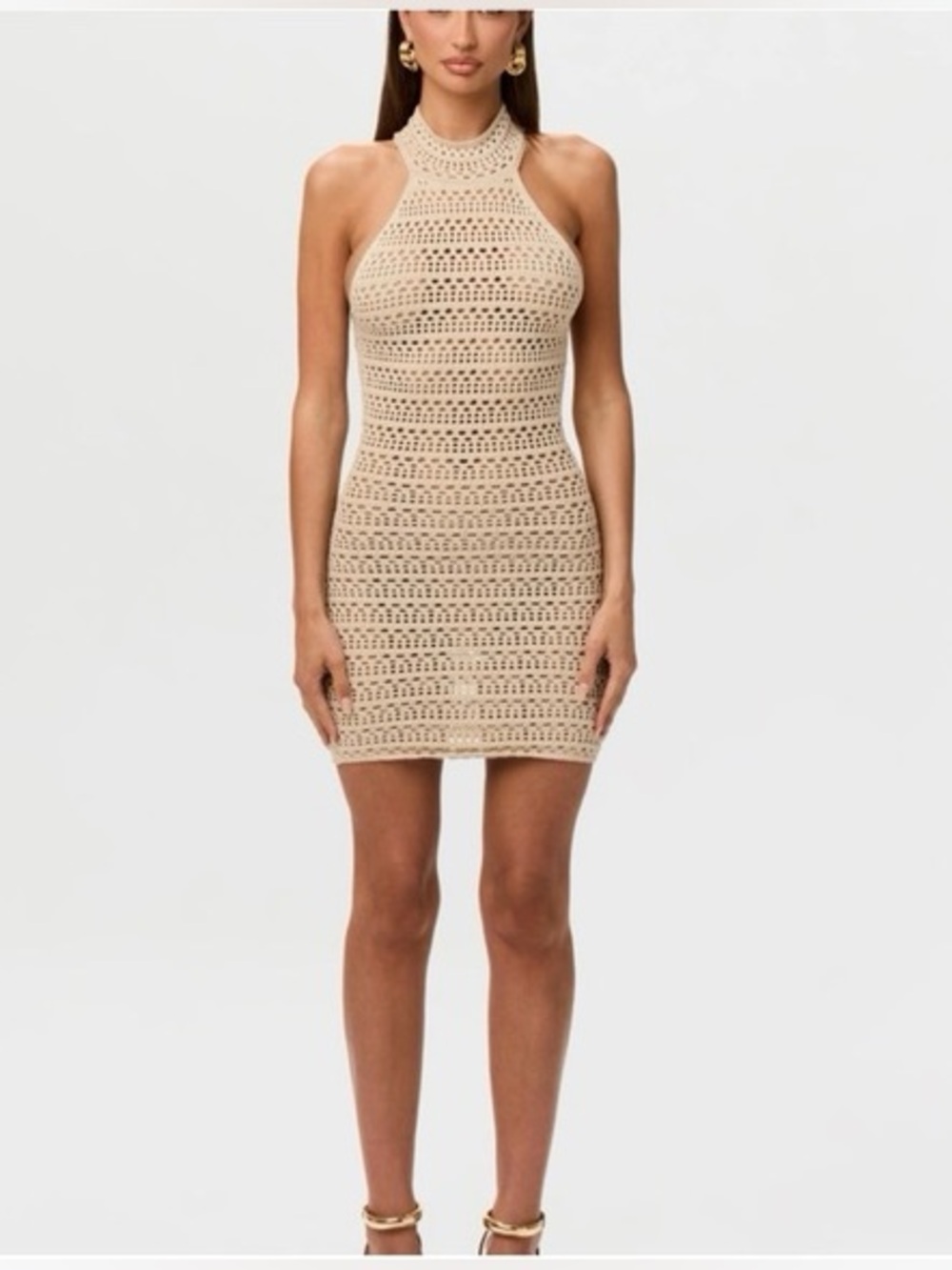 Naked Wardrobe Dark Beige Crochet Halter Mini Bodycon Dress • Medium • EUC